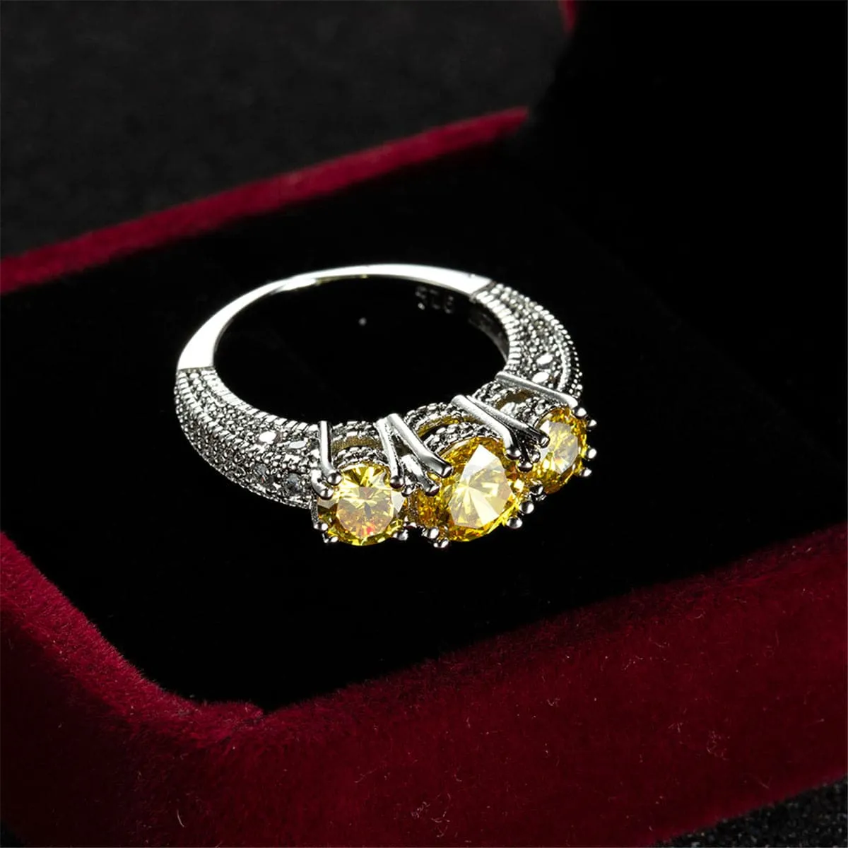 Yellow Crystal & Silver-Plated Three-Stone Ring