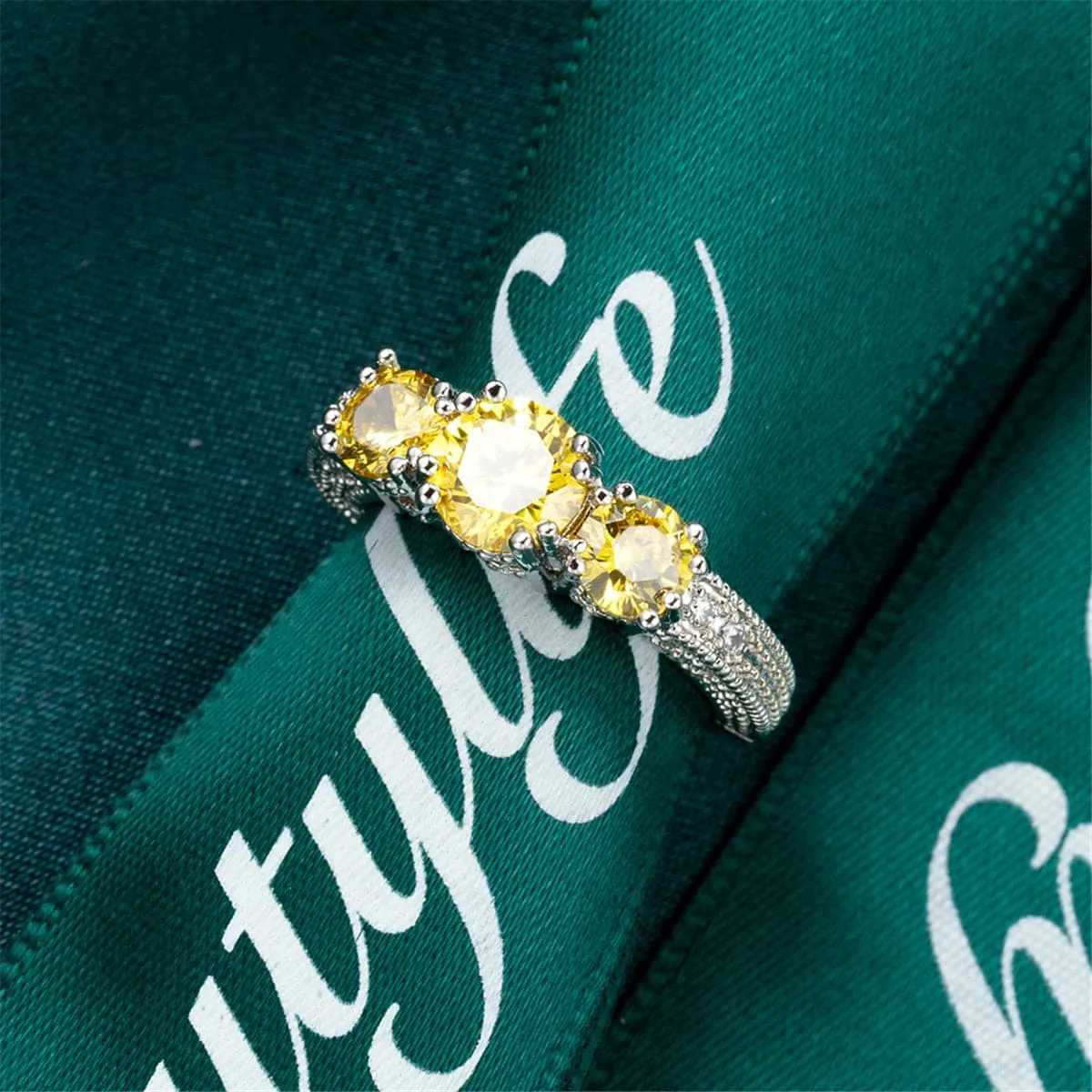 Yellow Crystal & Silver-Plated Three-Stone Ring