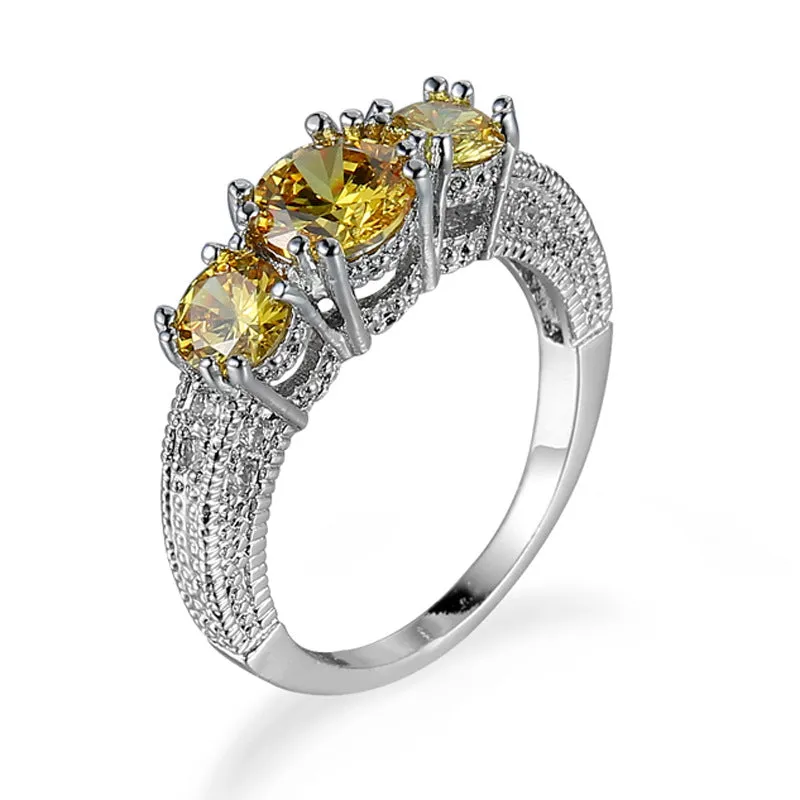 Yellow Crystal & Silver-Plated Three-Stone Ring