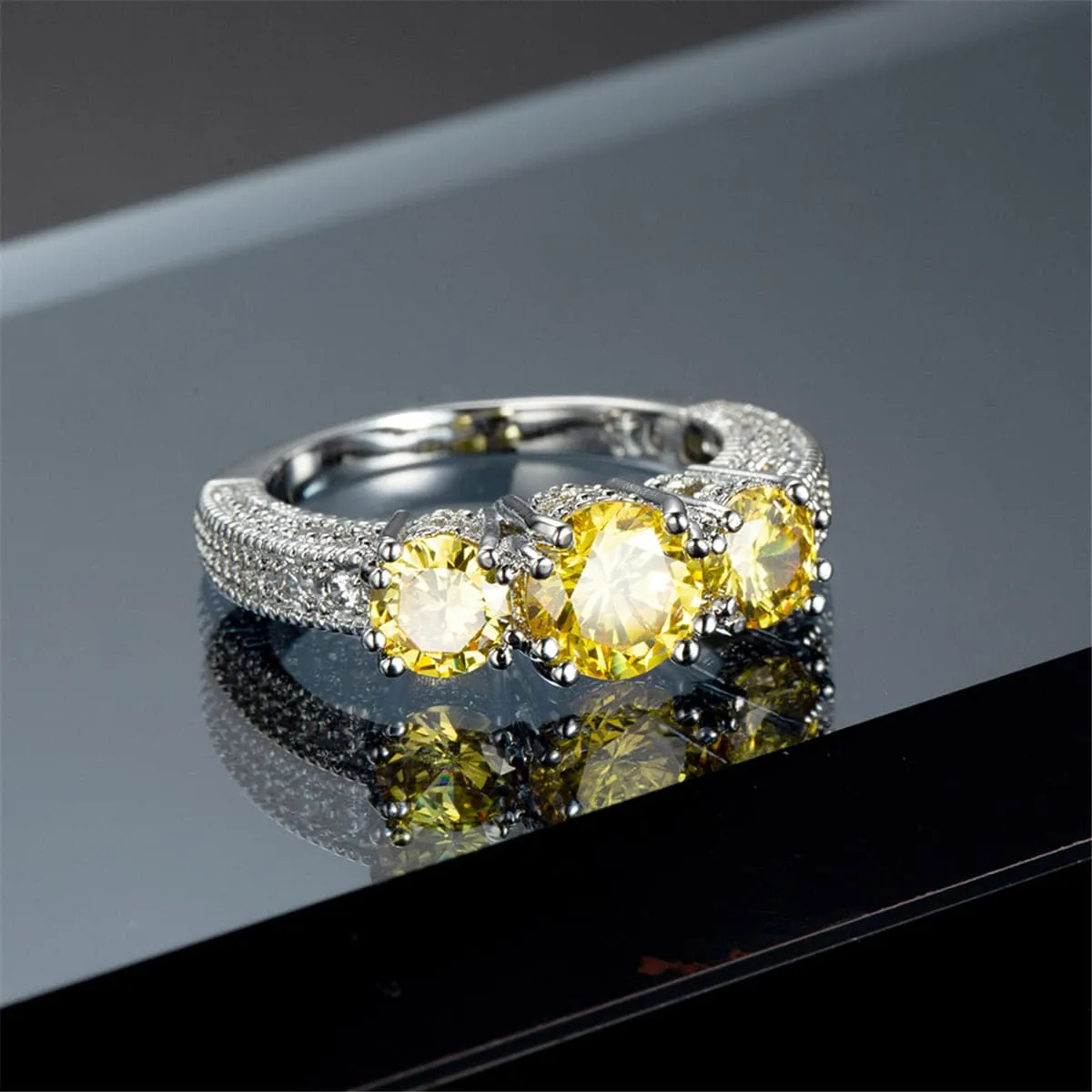 Yellow Crystal & Silver-Plated Three-Stone Ring