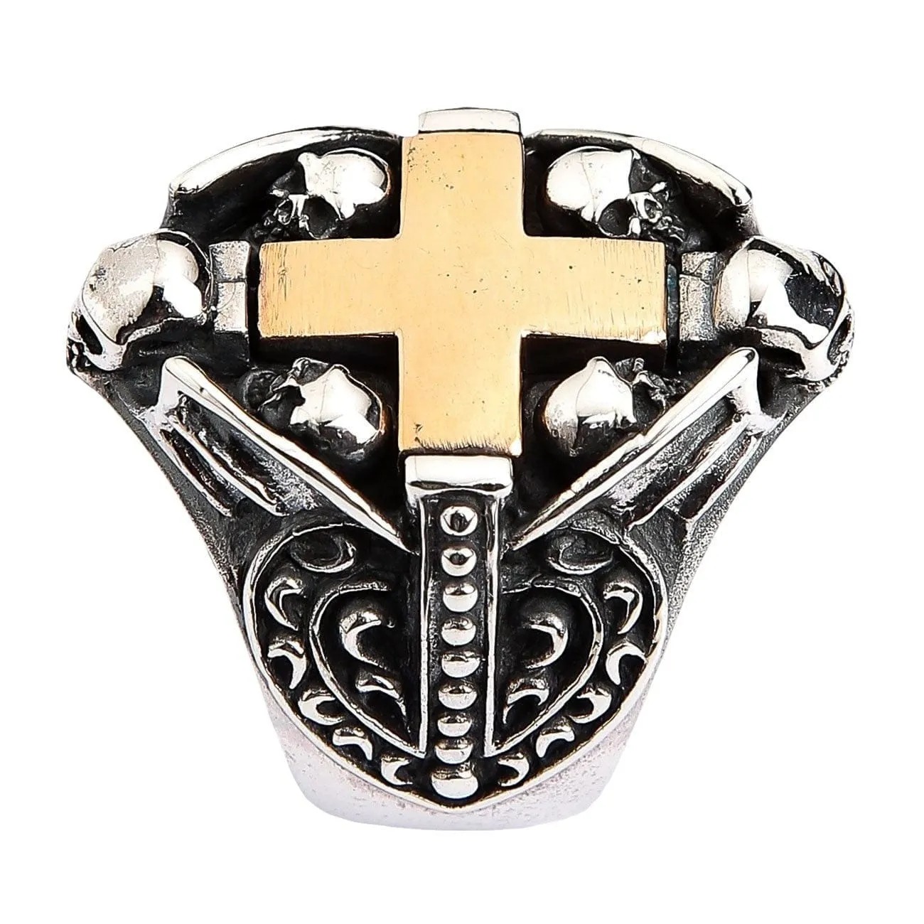 Yellow Gold Cross Heart Sterling Silver Gothic Ring