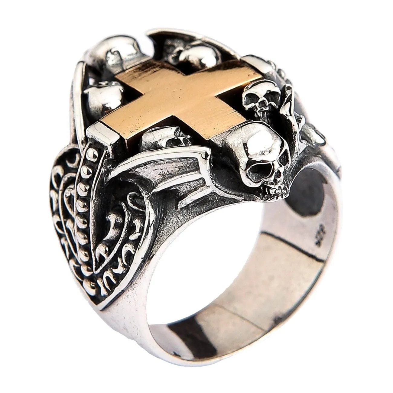 Yellow Gold Cross Heart Sterling Silver Gothic Ring
