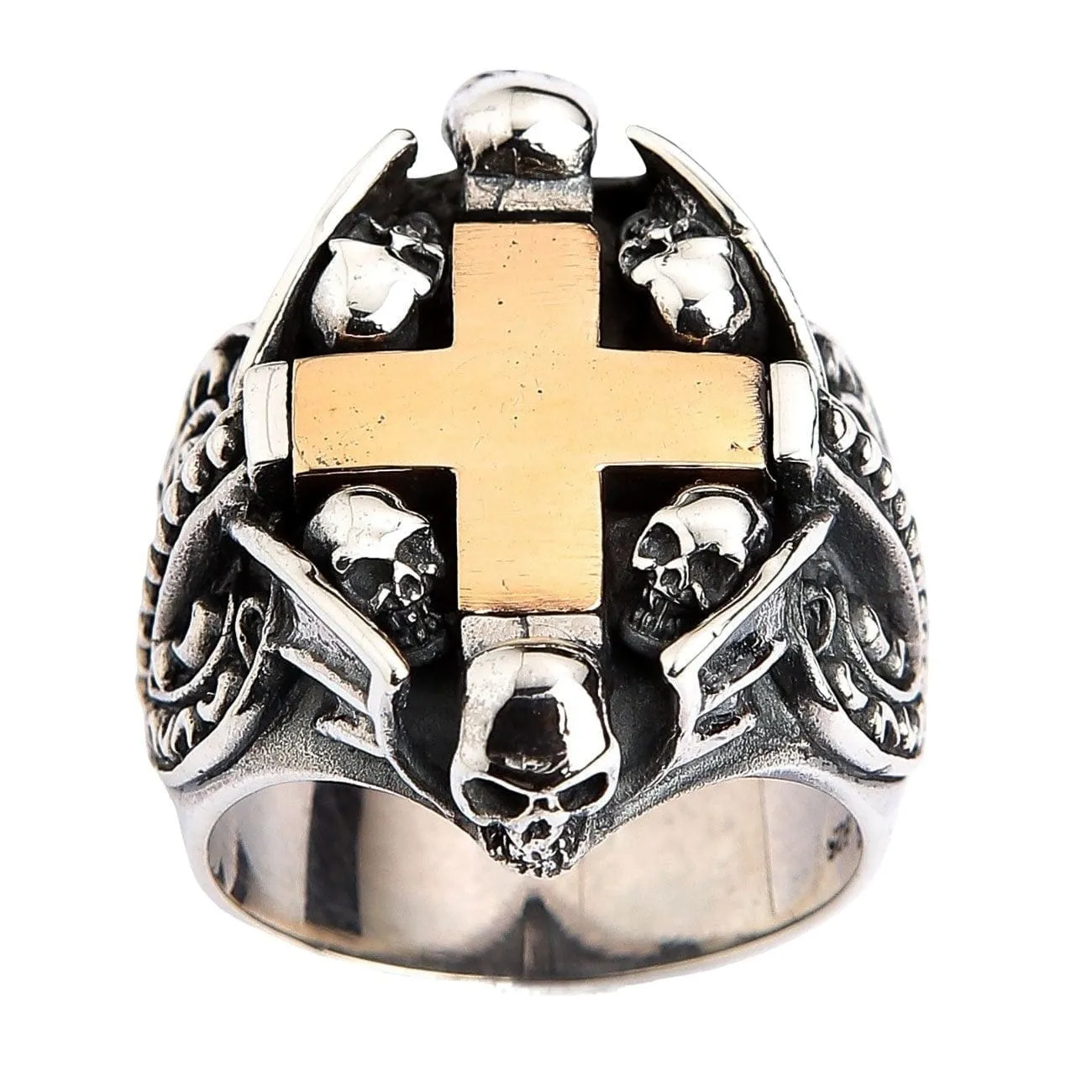 Yellow Gold Cross Heart Sterling Silver Gothic Ring