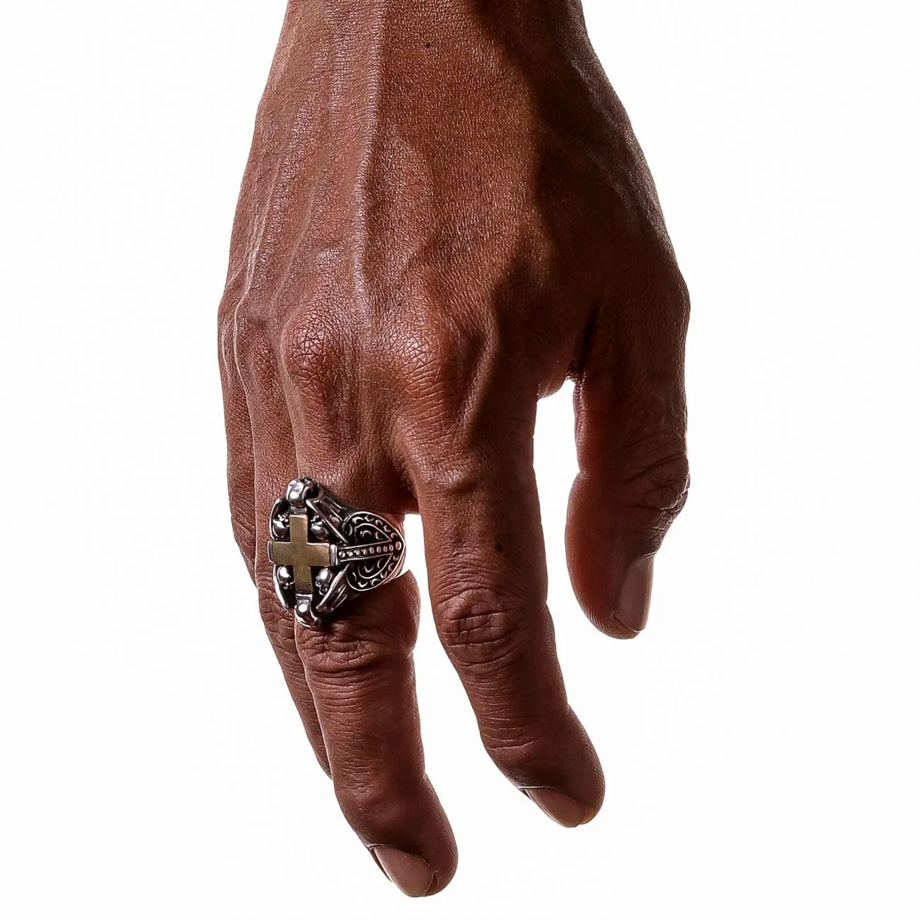 Yellow Gold Cross Heart Sterling Silver Gothic Ring