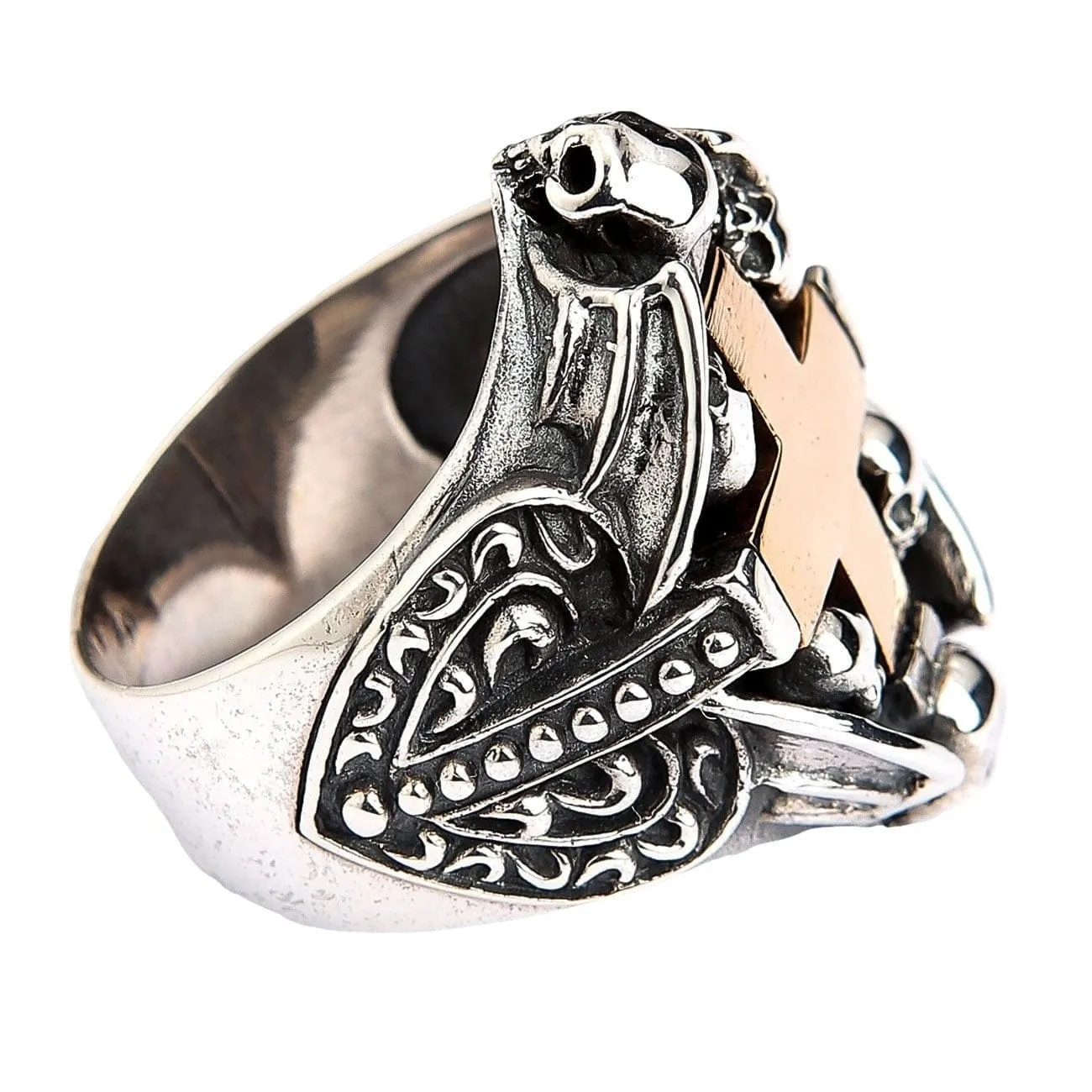 Yellow Gold Cross Heart Sterling Silver Gothic Ring