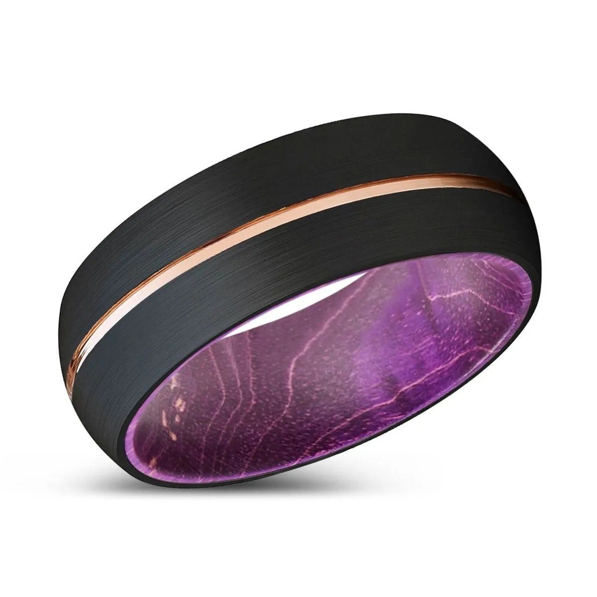 ZETTER | Purple Wood, Black Tungsten Ring, Rose Gold Groove, Domed